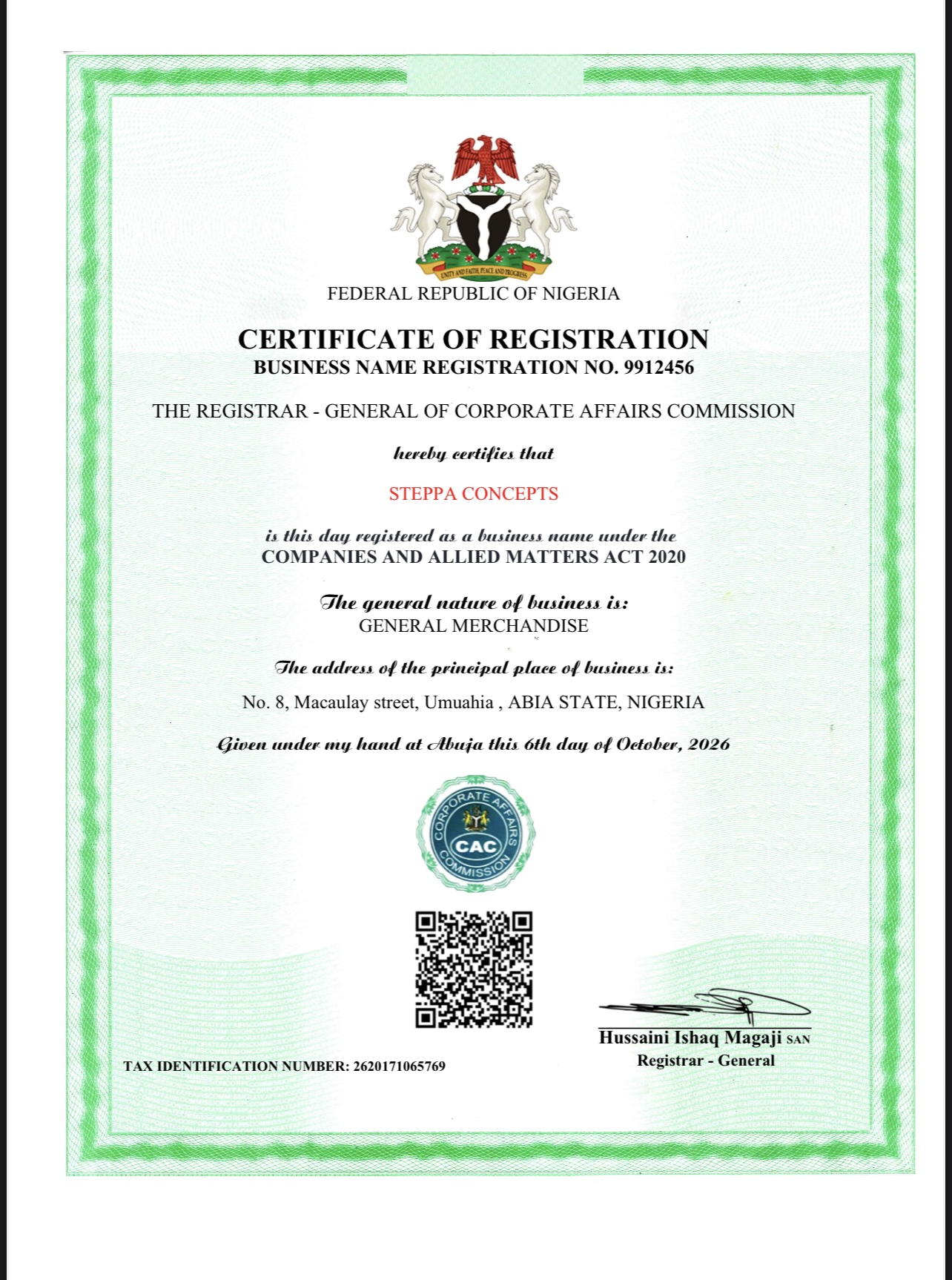 CAC certificate of registration for STEPPA CONCEPTS