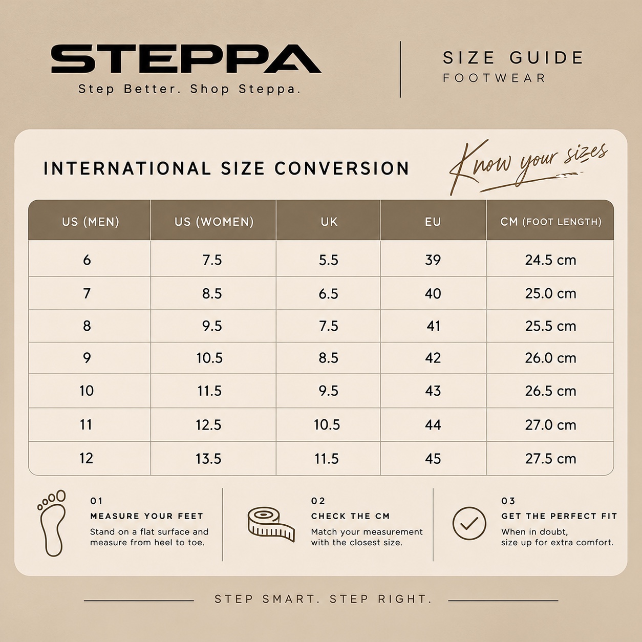 STEPPA international footwear size conversion guide